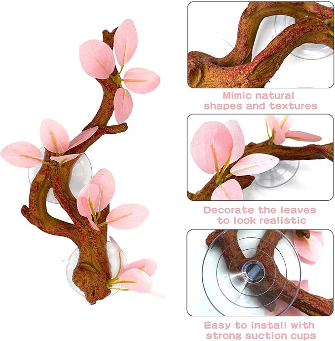 kathson 2 PCS Reptile Corner Branch, Lizard Climb Branches Decor Terrarium Plant Decoration with Suction Cup Reptile Tank Plant Ornament for Bearded Dragons Gecko Snake Spider Frog (Pink) kathson