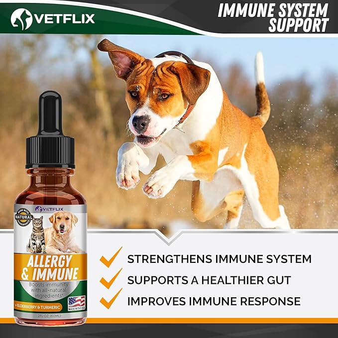 Velflix Allergy Immune Anti Itch & Hot Spots - Made in USA Natural Pet Supplement for Cat & Dog Allergy Relief with Turmeric & Milk Thistle -Seasonal Allergies Digestive Treatment for Dogs & Cats Vetflix