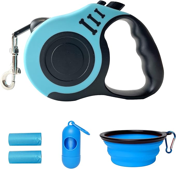 Retractable Dog Leash Automatic Telescopic Tractor Dog Tape, Pet Tape 10/16 FT Durable and Convenient, with Folding Bowl, Dispenser, Rubbish Bags, Suitable for Small and Medium Dogs LIEVUIKEN