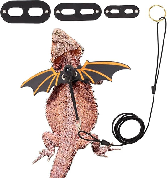 ADOGGYGO Bearded Dragon Leash Harness, 3 Size Pack Black Leather Wing Lizard Harness with Removable Lizard Leash for Bearded Dragon Lizard Reptiles (Black) ADOGGYGO