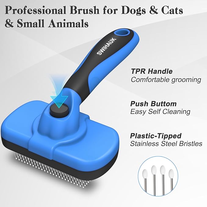Swihauk Self Cleaning Slicker Brush - Skin Friendly Deshedding Grooming Tool for Dogs & Cats, Suitable for Shedding & Haired Pets, with Pet Supplies Accessories, Blue - PAWPICO