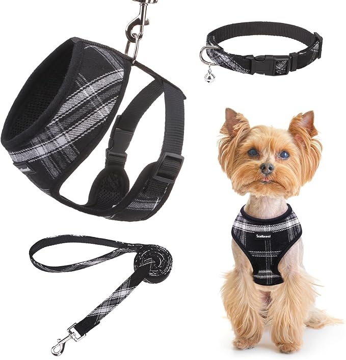 SCENEREAL No Pull Dog Harness Collar and Leash Set Small Medium Sized Dog, Soft Mesh Step in Puppy Harnesses, No Chock Plaid Adjustible Pet Vest for Outdoor Walking Training and Running, Black S SCENEREAL