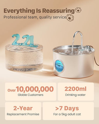 Cat Water Fountain Stainless Steel: 74oz/2.2L Cat Fountain for Drinking - Pet Water Fountain for Cats Inside - Quiet Cat Water Bowl Dispenser - Cat Drinking Fountains - for Cats&Pets& Small Animals - PAWPICO