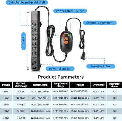 HiTauing Aquarium Heater, 50W/100W/200W/300W/500W Submersible Fish Tank Heater with Over-Temperature Protection and Automatic Power-Off When Leaving Water for Saltwater and Freshwater HiTauing