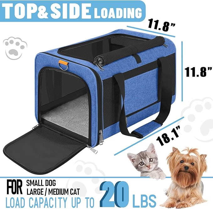 Soft-Sided Top Loading Adult Cat Carrier 20lbs, Yorkie Fabric Collapsible Comfy Cage for Teacup Dog, Easy Entry Maltese Pet Travel Purse, Kitty Carseat Animal Carrying Case Soft Kennel Blue - PAWPICO