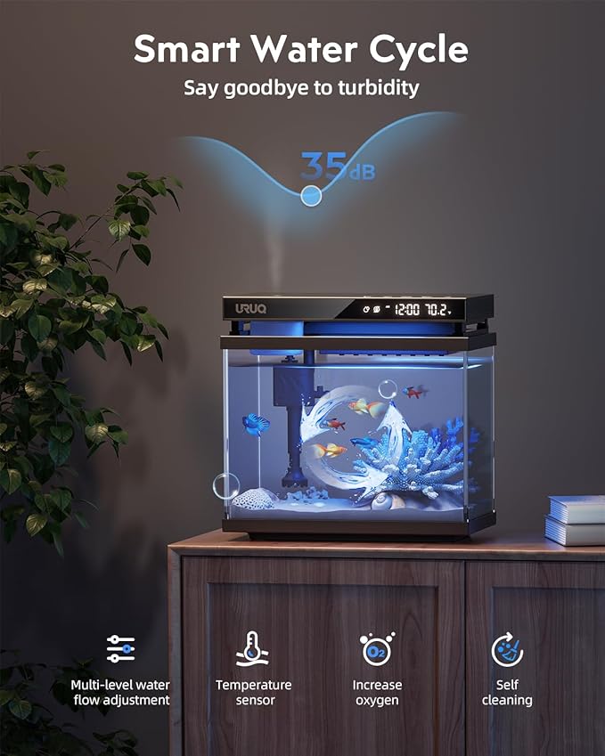 Fish Tank Smart Aquarium Kit: 2 Gal UHD Glass Silent Water Pump Self Cleaning System Temperature Monitoring Essential Oil Diffuser with Humidifier 7 Color Lights Multi-Layer Filtration System Black URUQ