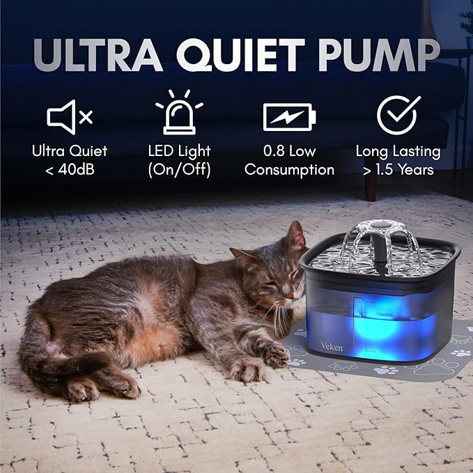 Veken 95oz/2.8L Pet Fountain, Automatic Cat Water Fountain Dog Water Dispenser with Replacement Filters for Cats, Dogs, Multiple Pets (Space Black, Plastic) - PAWPICO