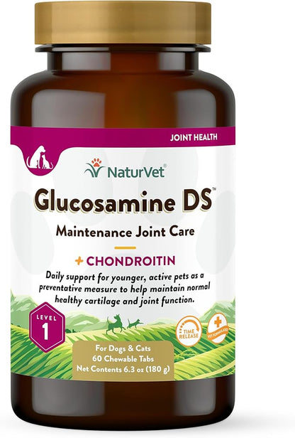 NaturVet Glucosamine DS Level 1 Maintenance Care Hip & Joint Support Pet Supplement for Dogs & Cats –Glucosamine, Chondroitin, Antioxidants –Supports Cartilage, Joint Function – 60 Ct. NaturVet