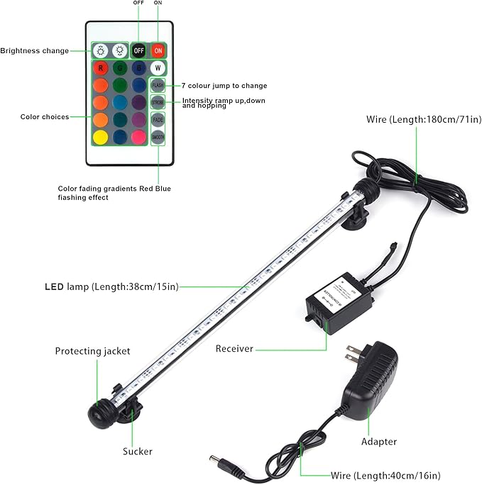 LED Aquarium Lights, RGB Fish Tank Lights Underwater IP68 Waterproof Submersible Remote Control Tank Lid Lights Colored Adjustable Fish Aquarium Tank Waterfall Lighting, 15 inch S+SMIFUL