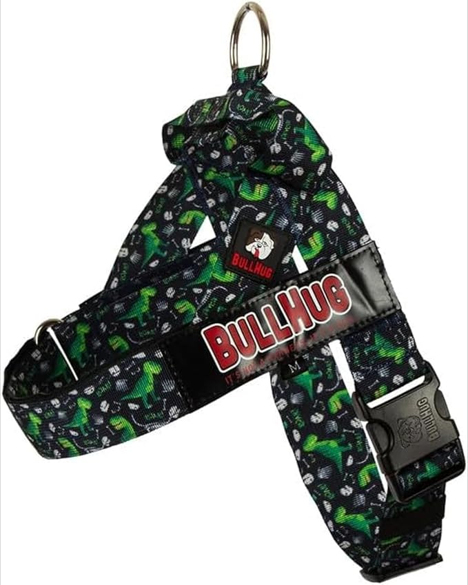 BULLHUG Harness – Made for Larger Chested Dogs Like English Bulldogs, French Bulldogs, Pugs & More. Stops Dogs from Pulling & Choking on Walks (DinosaurG, Large) BULLHUG