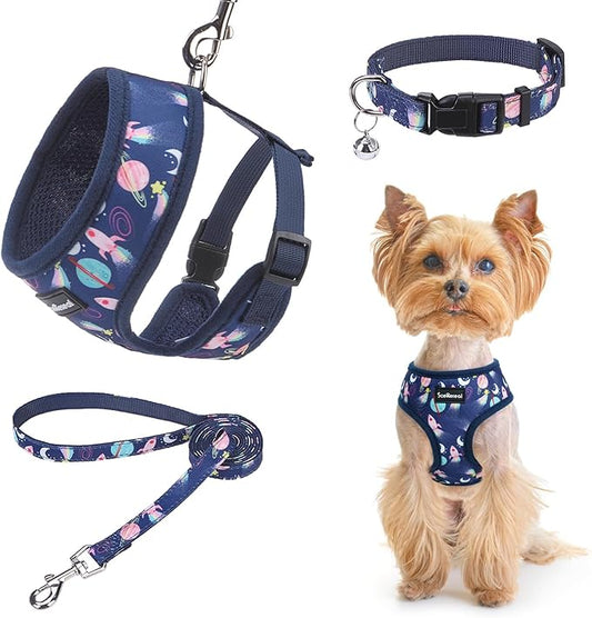 SCENEREAL Small Dog Harness Collar and Leash Set, Adjustable No Pull Pet Harnesses, No Chock Soft Mesh Step in Vest for Doggie Puppy Medium Dogs Cats Girl or Boy,Chihuahua, Yorkie, Outdoor Walking SCENEREAL