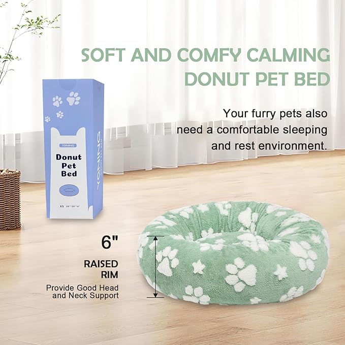 Donut Dog Beds for Small Dogs, Calming Round Cat Beds for Indoor Cats, Cute 3D Textured Paw Pet Bed with Removable Washable Cover and Anti-Slip Bottom（Green，20"） - PAWPICO