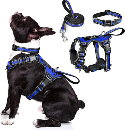 WINSEE Pet Harness Collar and Leash Set, All-in-one Reflective Dog Harness No Pull with Adjustable Buckles for Puppies, Small, Medium, Large, and Extra-Large Dogs (Medium, Dark Blue) WINSEE
