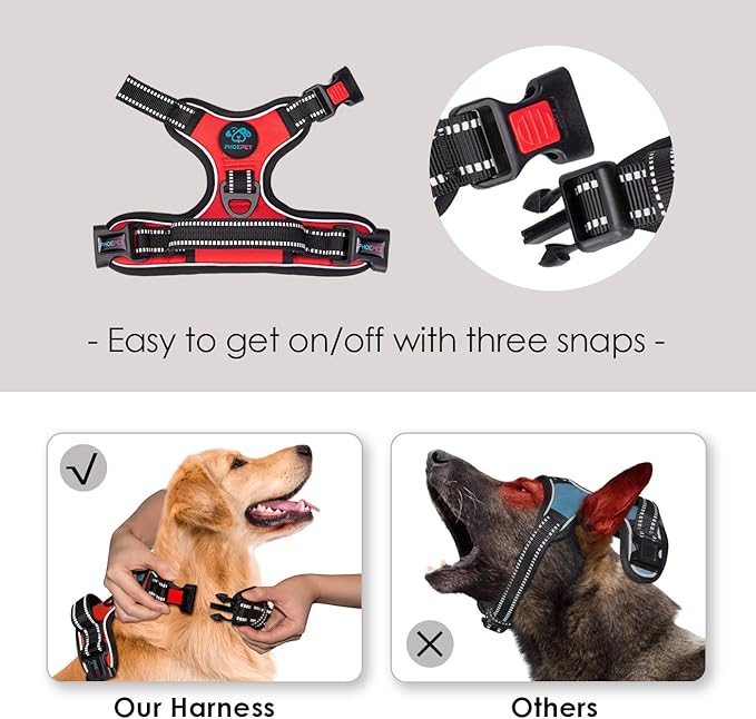 PHOEPET No Pull Dog Harnesses for Small Dogs Reflective Adjustable Front Clip Vest with Handle 2 Metal Rings 3 Buckles [Easy to Put on & Take Off](XS, Red) PHOEPET