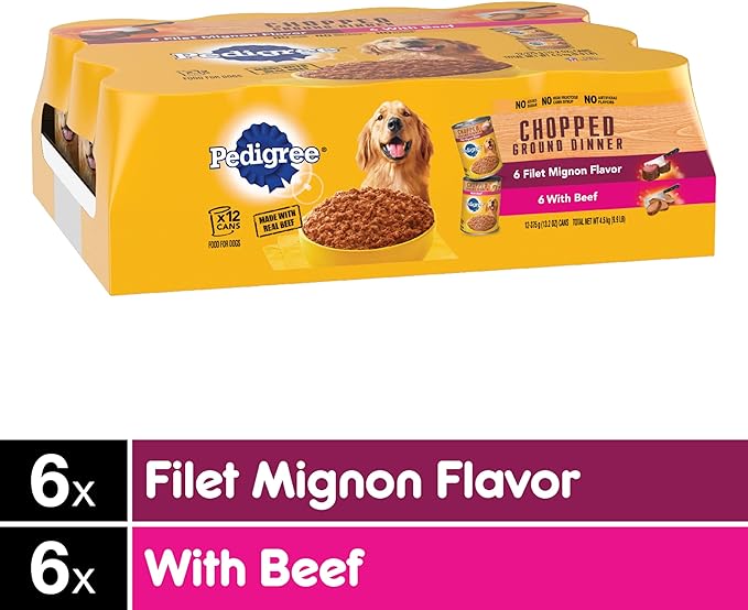 PEDIGREE CHOPPED GROUND DINNER Adult Canned Soft Wet Dog Food Variety Pack, Filet Mignon Flavor and With Beef, 13.2 oz. Cans (Pack of 12) - PAWPICO