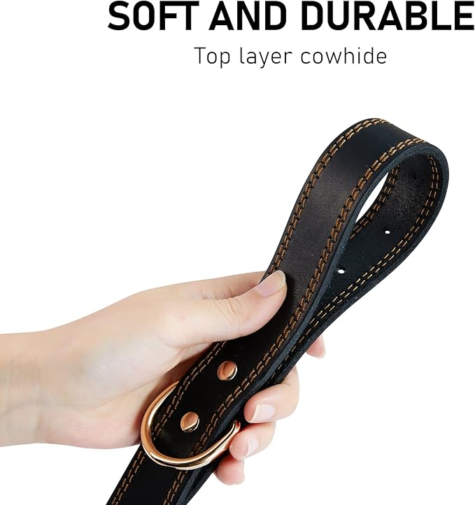 Dog Collar, Genuine Leather Dog Collar, Heavy Duty Dog Collar, Wide Dog Collar for Small Dog, Medium Dog, Large Dog and Extra Large Dog (L: 1.2" Wide for 16.2"-22" Neck, Dual Stitch - Black) DAIHAQIKO