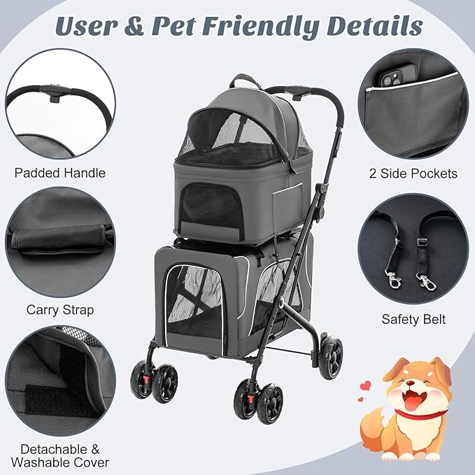 Double Dog Stroller, Foldable 3-in-1 Cat Stroller with 2 Detachable Carriers, Safety Belt, Washable Cover, Removable Pads, 4 Wheels Travel Pet Stroller for Small Medium Dogs (Grey) - PAWPICO