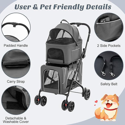 Double Dog Stroller, Foldable 3-in-1 Cat Stroller with 2 Detachable Carriers, Safety Belt, Washable Cover, Removable Pads, 4 Wheels Travel Pet Stroller for Small Medium Dogs (Grey) - PAWPICO
