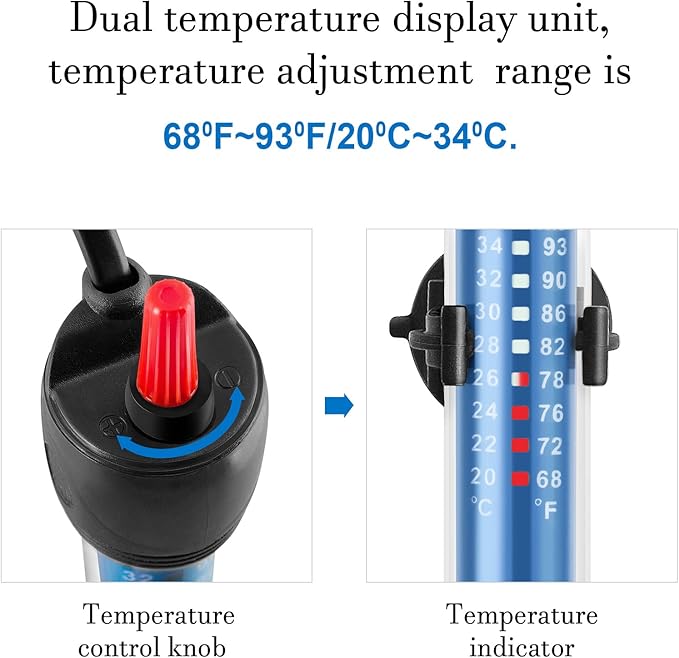 Hitop 25W/50W/100W/300W Adjustable Aquarium Heater, Submersible Glass Water Heater for 5 – 70 Gallon Fish Tank (100W) FEDOUR