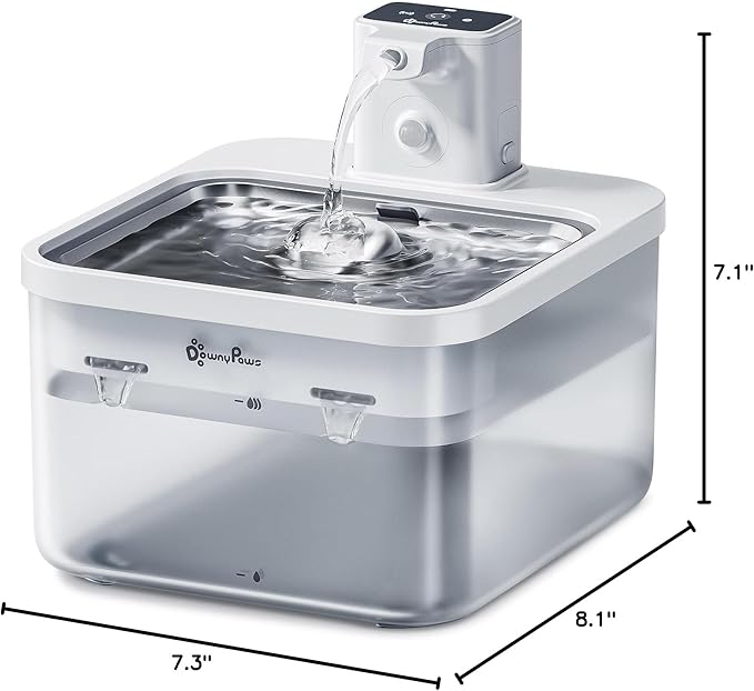 DownyPaws Battery Operated Cat Water Fountain Stainless Steel, 84oz/2.5L Fursink Wireless Pet Water Fountain for Cats Inside, Automatic Dog Water Dispenser with Faucet, Quiet Pump, BPA-Free, White - PAWPICO