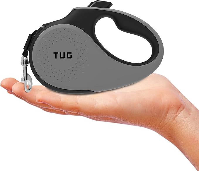 TUG Tiny 360° Tangle-Free Retractable Dog Leash with Anti-Slip Handle | 10 ft Nylon Tape | One-Handed Brake, Pause, Lock (Grey) TUG
