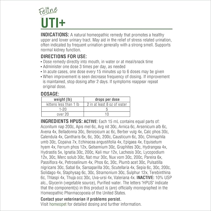 HomeoPet Feline UTI Plus, Safe and Natural Urinary Tract Medicine for Cats, Feline Urinary Tract Support, 15 Milliliters - Pack of 2 HomeoPet