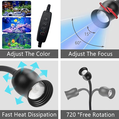 Aquarium Light Focus Light for Fish Tank Indoor LED Light Big Clip Lamp Adjustable Focus (White-Blue with Timer) PAWPICO