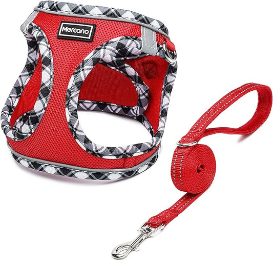 Mercano Soft Mesh Dog Harness and Leash Set, No-Chock Step-in Reflective Breathable Lightweight Easy Walk Escape Proof Vest Harnesses with Safety Buckle for Small Medium Dogs, Cats (Red, M) PAWPICO