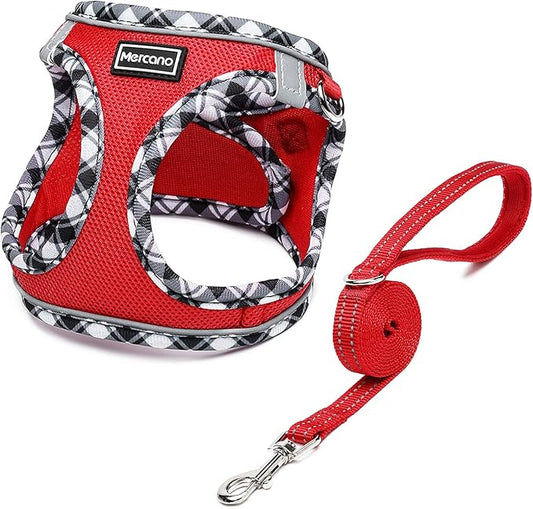 Mercano Soft Mesh Dog Harness and Leash Set, No-Chock Step-in Reflective Breathable Lightweight Easy Walk Escape Proof Vest Harnesses with Safety Buckle for Small Medium Dogs, Cats (Red, XL) PAWPICO