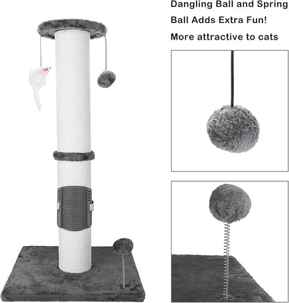 34 Inches Cat Scratching Post Heavy Duty and Thicker Cat Self Grooming with Hanging Toys and Sturdy Handmade Rope, Grey - PAWPICO