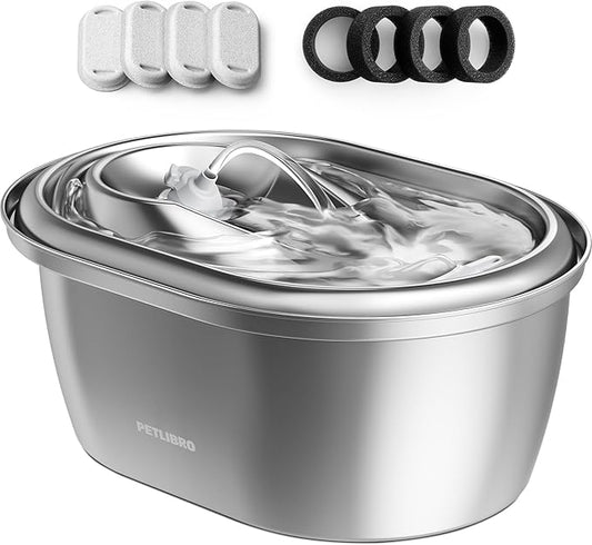 PETLIBRO Stainless Steel Cat Water Fountain, 101oz/3L Pet Water Fountain for Cats Inside, Food-Grade Dog Water Fountain, Automatic Water Dispenser with 4 Filters & 4 Sponges - PAWPICO