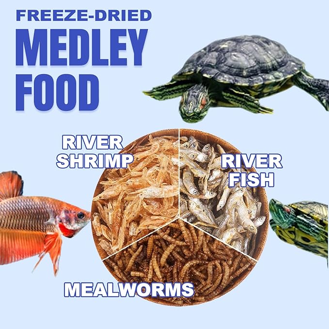 Amzey 2 Pack Aquatic Turtle Food, Vitamin, Enriched Medley Treats of Freeze, Dried Mealworms, River Shrimp & River Fishes, High Protein Turtle Medley Food for Aquatic Tortoise, 3.7 Ounce Total Amzey