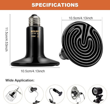 MIXJOY 250W Reptile Heat Lamp 2Pack Ceramic Heat Emitters Reptile Heat Lamp Bulbs, No Light Emitting Ceramic Heat Bulbs for Amphibian Terrarium Reptile Gecko Lizard Bearded Dragon Turtle Chicken Snake MIXJOY