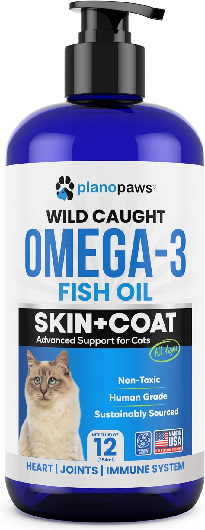 Omega 3 Fish Oil for Cats - Better Than Salmon Oil for Cats - Kitten + Cat Vitamins and Supplements - Cat Health Supplies - Cat Dandruff Treatment - Liquid Fish Oil for Pets - Cat Shedding Products planopaws