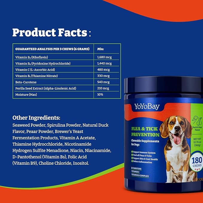 Flea and Tick Prevention for Dogs Chewable - 180 Soft Chews, Duck & Pear Flavor - Dog Flea and Tick Treatment Chewable, Natural Defense- Dog Immune Support Supplement YoYoBay