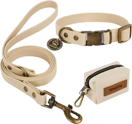 Wisedog Dog Collar and Leash Set Combo: Adjustable Durable Pet Collars with Dog Leashes for Small Medium Large Dogs,includes One Bonus of Poop Bag Holder (L, Sand Color) WisedogPetSupplies