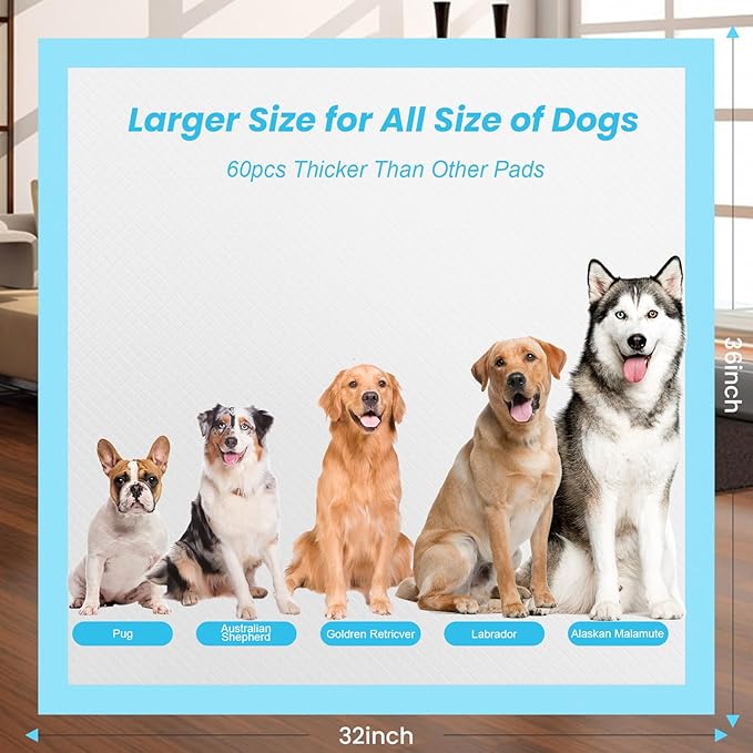 Puppy Pee Pads for Dogs 32"x36" 60 Count, Pee Pads Extra Large, Leak-Proof & Super Absorbent Dog Pee Pads, Thicken Disposable Potty Pads Puppy Training Pads for Cats Rabbits - PAWPICO