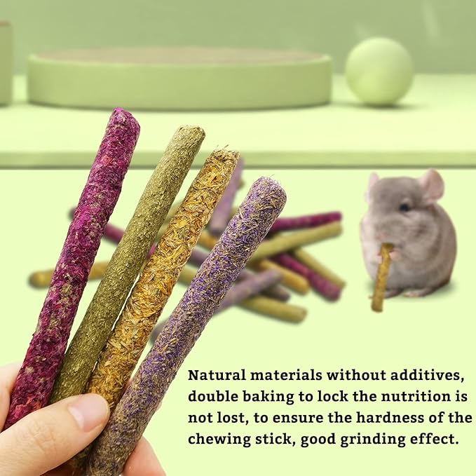 Fhiny 68 PCS Rabbit Chew Sticks, Natural Petals Timothy Hay Sticks Guinea Pig Chewing Toys for Teeth Small Animals Molar Snacks for Bunny Guinea Pig Chinchilla Hamster Fhiny