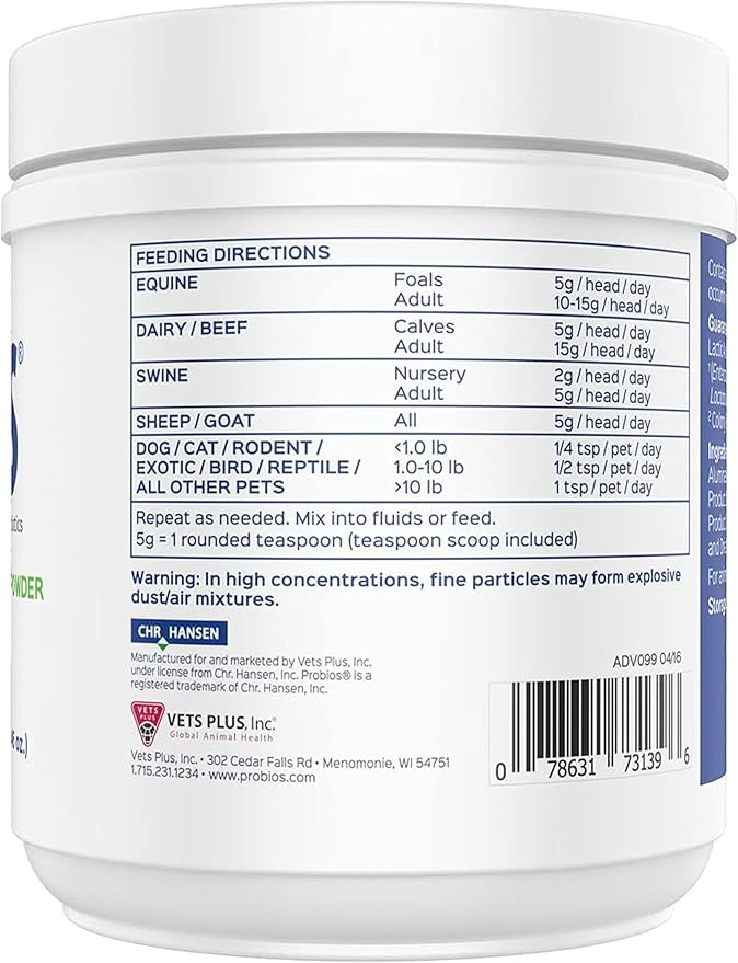 Probios Dispersable Powder - Probios Powder, Pet Probiotic, Probiotics for Swine, Equine, Sheep, Goat, Dog, Cat, Bird, Rabbit, Foals (240 gm) Probios