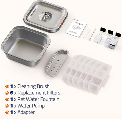 Cat Water Fountain Stainless Steel: 4L/140oz Pet Fountain Water Bowl Indoor, Automatic Dog Drinking Dispenser, Cat Feeding Watering Supplies, Metal Kitty Waterer Fountain, 6 Replacement Filters - PAWPICO
