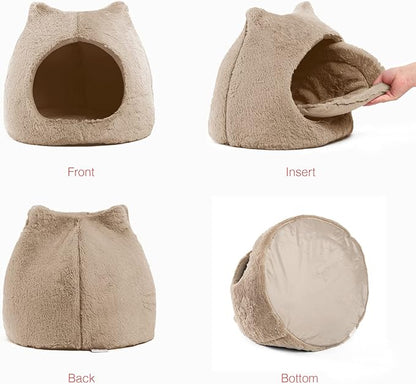 Best Friends by Sheri Meow Hut in Fur Cover Dome Cat and Dog Bed, Wheat, Small - PAWPICO