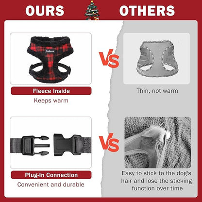 SCENEREAL Small Dog Harness Collar and Leash Set, Warm Fleece No Pull Puppy Vest Harness, Christmas Dog Outfit No Chock Adjustible Step in Pet Halter for Outdoor Walking Training, Red Plaid M SCENEREAL