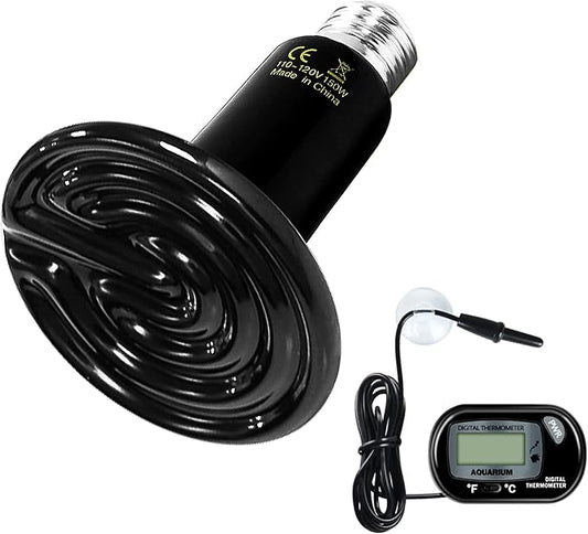 Simple Deluxe 150W Ceramic Heat Lamp Reptile Heat Emitter Heater Lamp Bulb No Light with Free Digital-Thermometer, for Pet Brooder Coop Chicken, Dragon Turtle Lizard Snake Aquarium Tank SimpleDeluxe