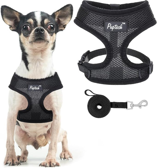 PUPTECK Soft Mesh Dog Harness and Leash Set Pet Puppy Cat Comfort Padded Vest No Pull Harnesses, Solid Black, XS PUPTECK