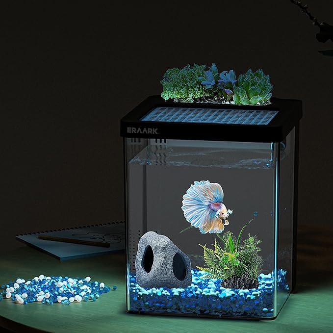Aquarium kit 1.5 Gallon Betta Fish Tank with Filter LED Light, Water Pump, Decorate Water Plants and Sand, Fish Tank Starter Kits, Fish Bowl ERAARK