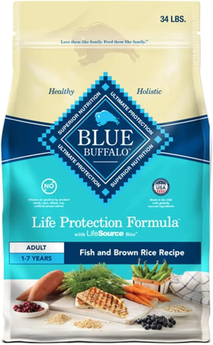 Blue Buffalo Life Protection Formula Adult Dry Dog Food, Helps Build and Maintain Strong Muscles, Made with Natural Ingredients, Fish & Brown Rice Recipe, 34-lb. Bag - PAWPICO
