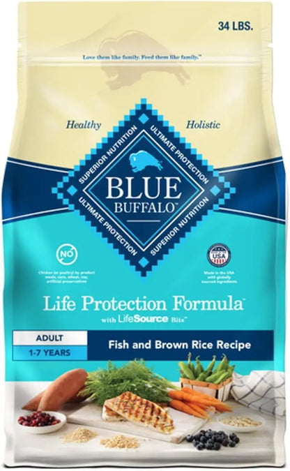 Blue Buffalo Life Protection Formula Adult Dry Dog Food, Helps Build and Maintain Strong Muscles, Made with Natural Ingredients, Fish & Brown Rice Recipe, 34-lb. Bag - PAWPICO