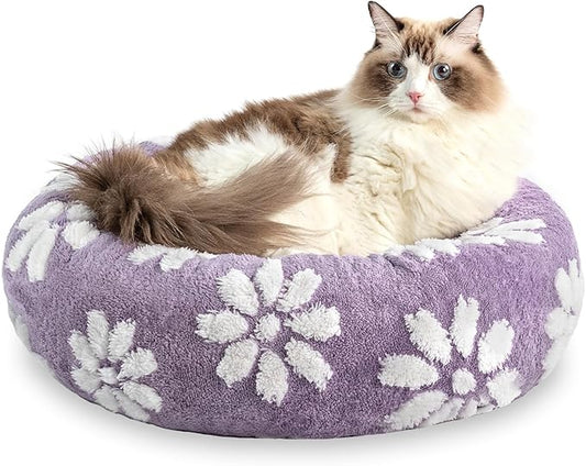 Donut Dog Beds for Small Dogs, Calming Round Cat Beds for Indoor Cats, Cute 3D Textured Flower Pet Bed with Removable Washable Cover and Anti-Slip Bottom（Purple，20"） - PAWPICO