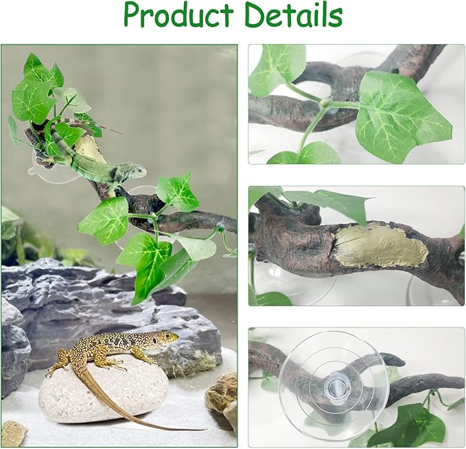 Fhiny 2 PCS Reptile Corner Branch, Resin Climb Tree Branch Decor with Leaves Tank Accessories Terrarium Plant Ornament with Suction Cup for Snake Lizard Bearded Dragons Gecko Climbing Fhiny