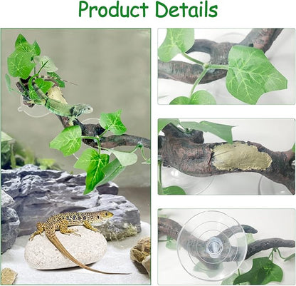 Fhiny 2 PCS Reptile Corner Branch, Resin Climb Tree Branch Decor with Leaves Tank Accessories Terrarium Plant Ornament with Suction Cup for Snake Lizard Bearded Dragons Gecko Climbing Fhiny